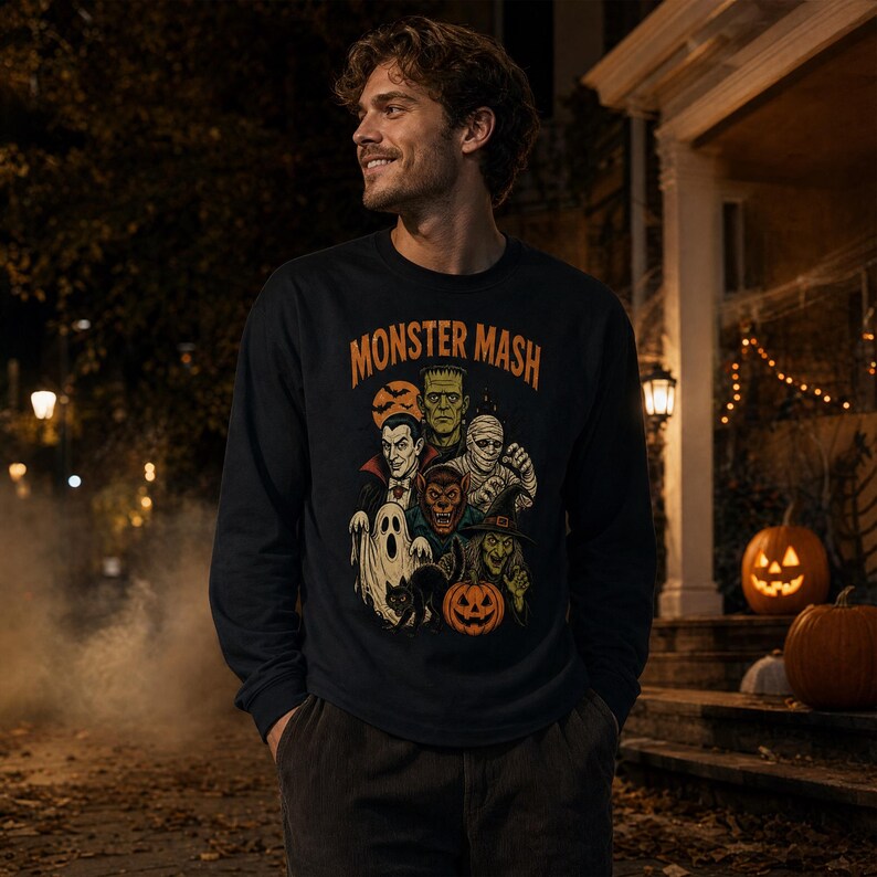 May include: A black long-sleeve sweatshirt featuring a graphic print with the text MONSTER MASH in orange letters. The design includes illustrations of a vampire, Frankenstein's monster, a mummy, a werewolf, a ghost, a witch, and a pumpkin.