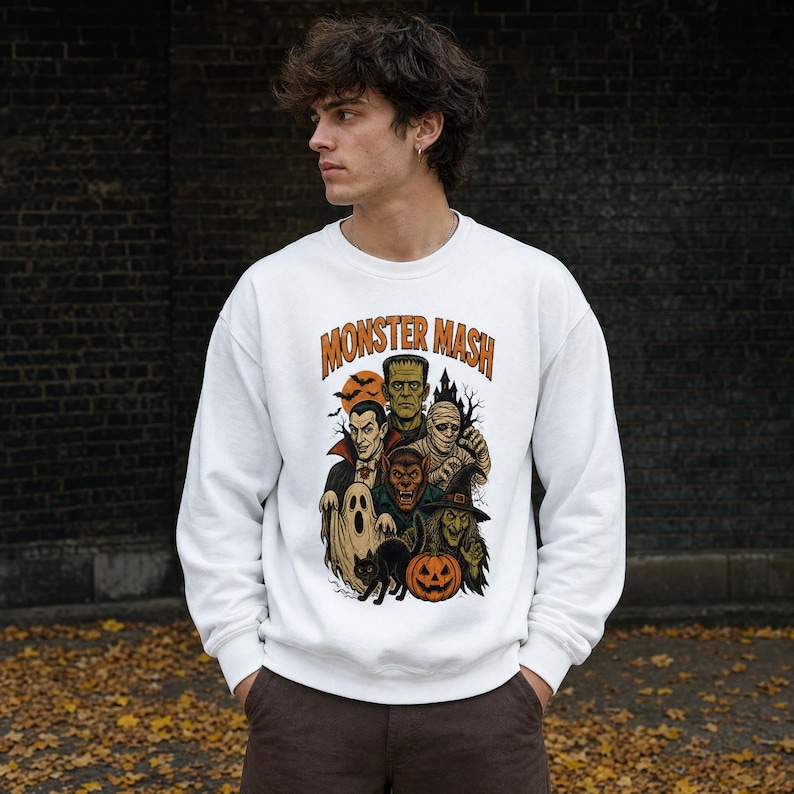 May include: A white crewneck sweatshirt featuring a colorful graphic print of classic Halloween monsters including a vampire, mummy, werewolf, ghost, witch, and jack-o'-lantern, with the orange text Monster Mash arched above the illustration.