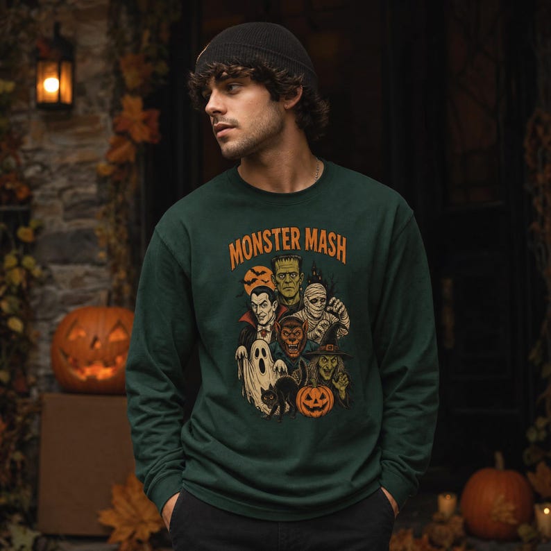 May include: A dark green long-sleeve sweatshirt featuring a graphic print with the text "MONSTER MASH" in orange letters. The illustration depicts various classic Halloween characters including a vampire, mummy, werewolf, ghost, witch, and cat.