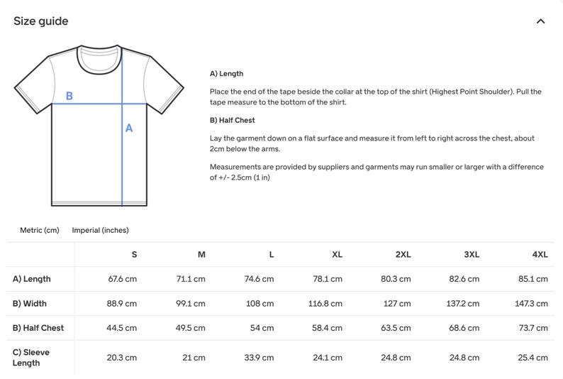 Puede incluir: Una gu&iacute;a de tallas para camiseta que muestra un dibujo lineal de una camiseta con las etiquetas A y B. El texto incluye instrucciones para medir el largo y medio pecho, adem&aacute;s de una tabla con las tallas de la S a la 4XL en cent&iacute;metros.