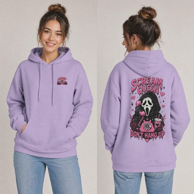 May include: A light purple hooded sweatshirt featuring a small graphic on the front and a large back print. The back design depicts a hooded figure holding a pink rotary phone with the text "SCREAM QUEEN DON'T HANG UP" in a dripping font.