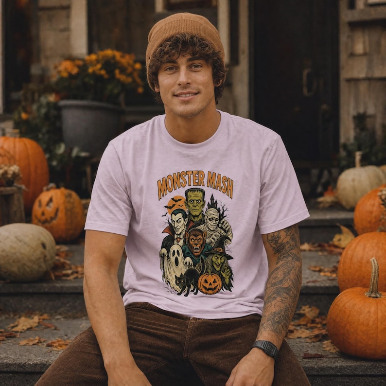 May include: A light purple t-shirt featuring a graphic print of classic horror movie monsters including Frankenstein, Dracula, a mummy, a werewolf, a witch, a ghost, and a black cat with the text Monster Mash printed in orange above the characters.