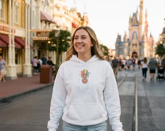 Retro Castle Hoodie, Pastel Balloons, Theme Park Pullover, Vacation Sweatshirt
