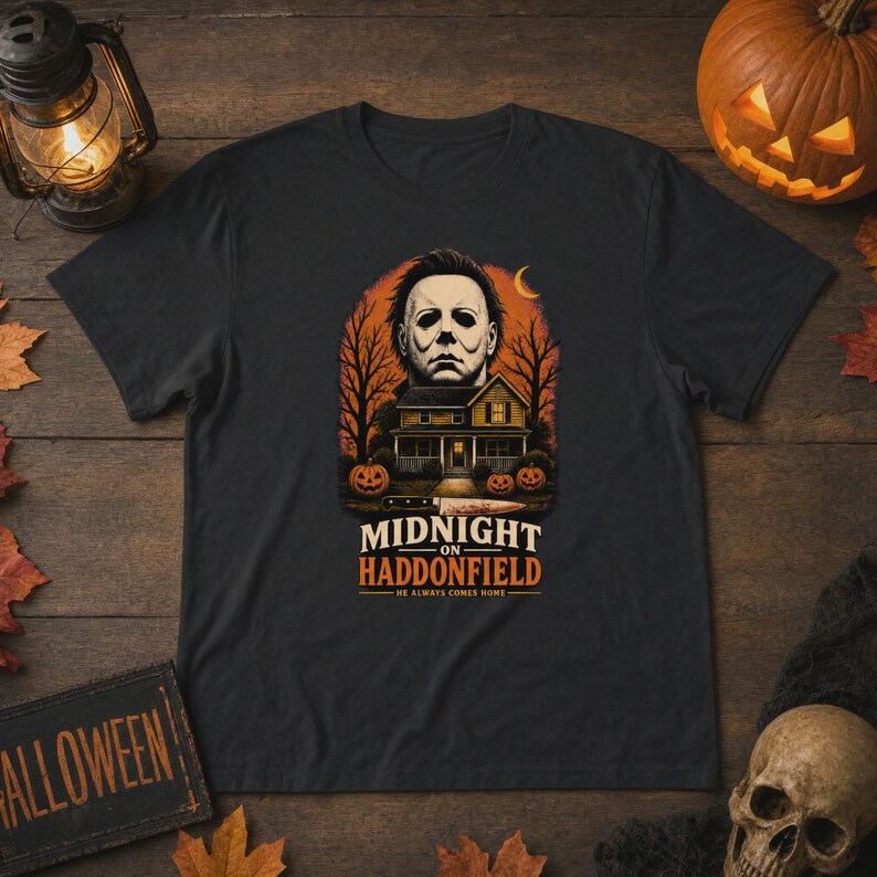 May include: A black t-shirt featuring a graphic of a masked figure above a house, trees, and pumpkins. A knife is positioned below the house. The text reads MIDNIGHT ON HADDONFIELD HE ALWAYS COMES HOME in white and orange lettering on the front.