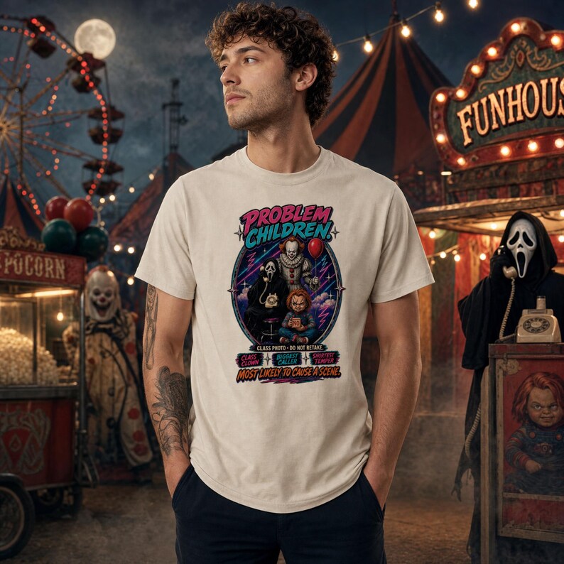 Puede incluir: Una camiseta beige de manga corta con un estampado gr&aacute;fico de tres personajes de pel&iacute;culas de terror, con el texto "PROBLEM CHILDREN" arriba y "CLASS PHOTO - DO NOT RETAKE" y "MOST LIKELY TO CAUSE A SCENE" impresos abajo.
