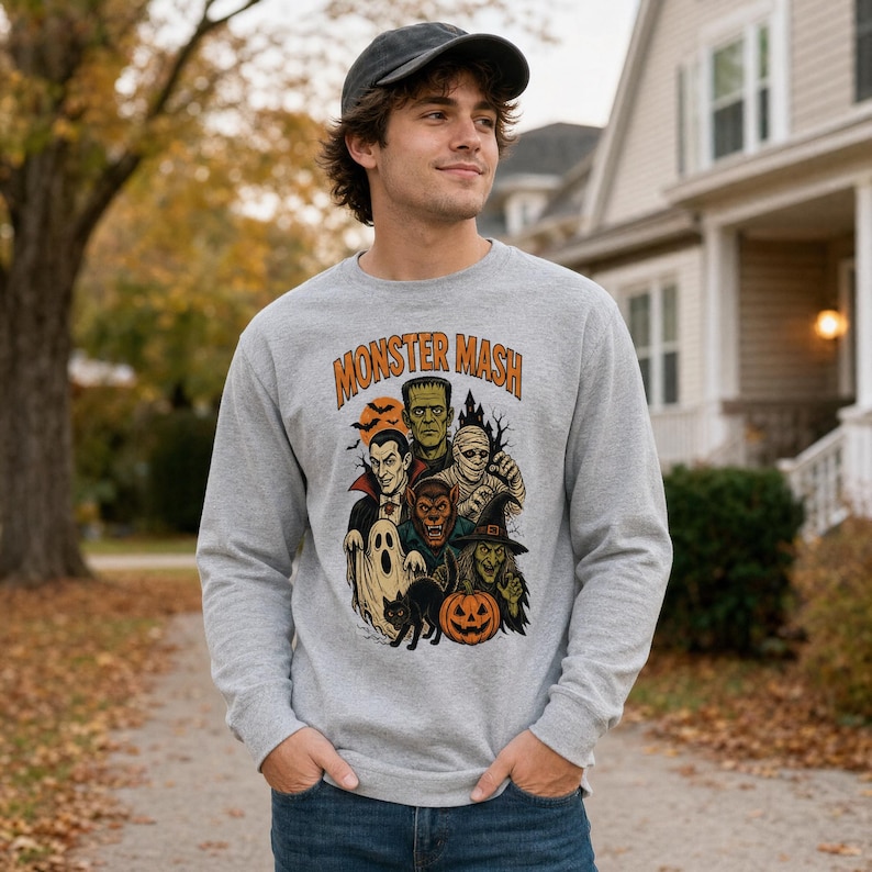 May include: A heather gray crewneck sweatshirt featuring a graphic print with the text "MONSTER MASH" in orange letters. The design includes illustrations of Frankenstein's monster, a vampire, a mummy, a werewolf, a ghost, a witch, and a black cat.