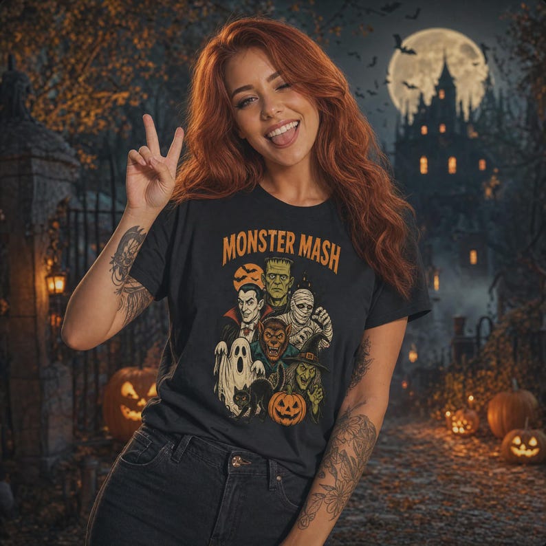 May include: A black short-sleeved t-shirt featuring the text MONSTER MASH in orange letters above a graphic illustration of classic horror characters including a vampire, Frankenstein's monster, a mummy, a werewolf, a ghost, a witch, and a black cat.