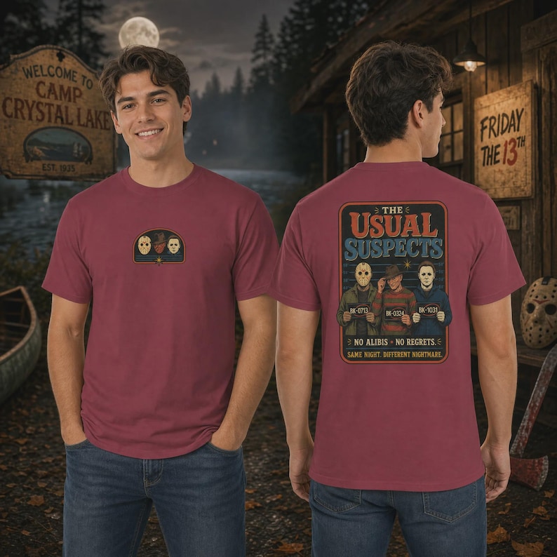 Puede incluir: Una camiseta de manga corta color granate con un peque&ntilde;o gr&aacute;fico en el pecho y un dise&ntilde;o grande en la espalda. El estampado trasero muestra tres personajes de terror con el texto "THE USUAL SUSPECTS", "NO ALIBIS", "NO REGRETS" y "SAME NIGHT, DIFFERENT NIGHTMARE".