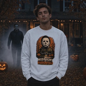 May include: A light grey crewneck sweatshirt featuring a graphic print of a masked figure above a house, two jack-o'-lanterns, and a knife. The text reads MIDNIGHT ON HADDONFIELD and HE ALWAYS COMES HOME in orange and white lettering.