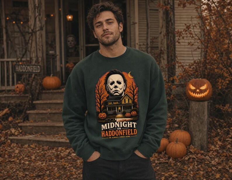 May include: A dark green long-sleeve sweatshirt featuring a graphic print of a masked character, a house, and pumpkins. The text reads MIDNIGHT ON HADDONFIELD HE ALWAYS COMES HOME. The design includes bare trees and an orange moon background.