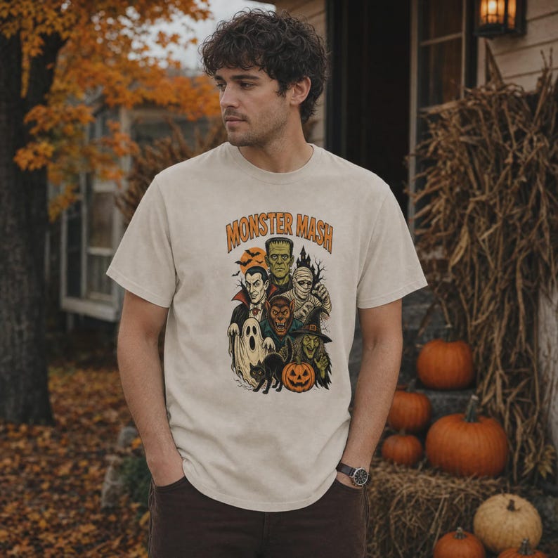 May include: A beige short-sleeve t-shirt featuring a graphic print with the text MONSTER MASH in orange letters. The illustration depicts various Halloween characters including a vampire, Frankenstein's monster, a mummy, a werewolf, a ghost, a witch, a black cat, and a jack-o'-lantern.
