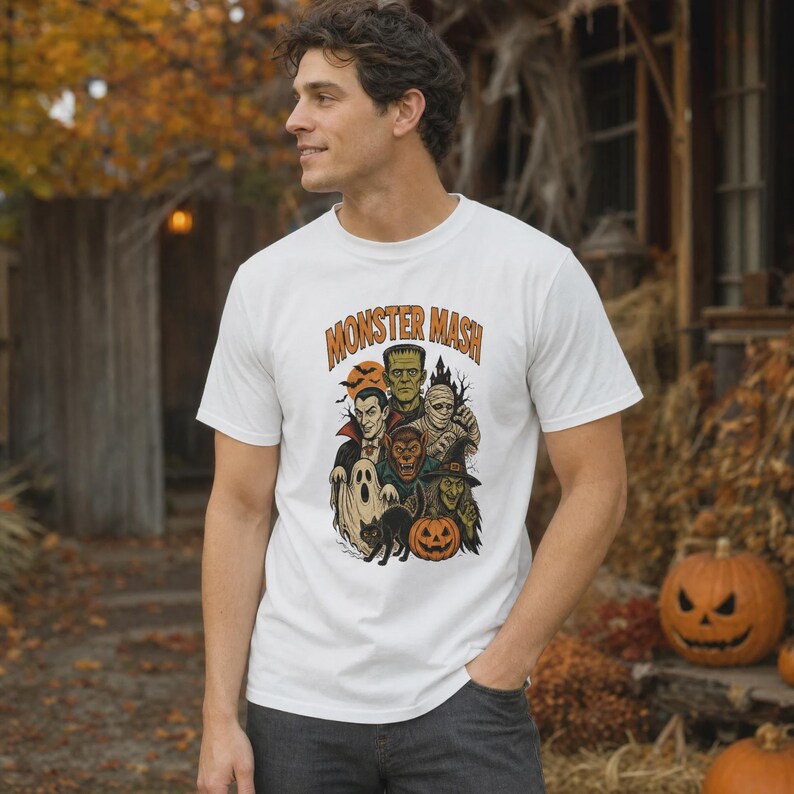 May include: A white short-sleeve t-shirt featuring a graphic print with the text "MONSTER MASH" in orange letters. The illustration depicts various classic horror characters including Frankenstein, a vampire, a mummy, a werewolf, a ghost, and a witch.