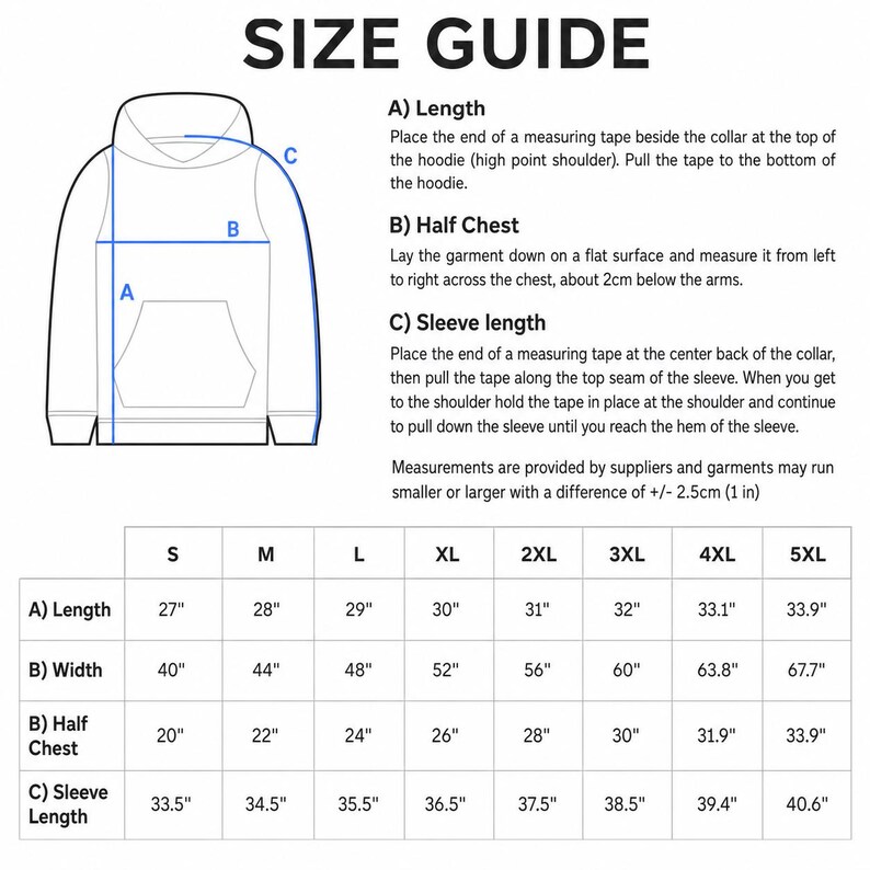 May include: A size guide chart for a hoodie featuring a line drawing of the garment with labels A, B, and C indicating length, half chest, and sleeve length. A table provides measurements in inches for sizes S through 5XL, noting a +/- 1 inch variance.