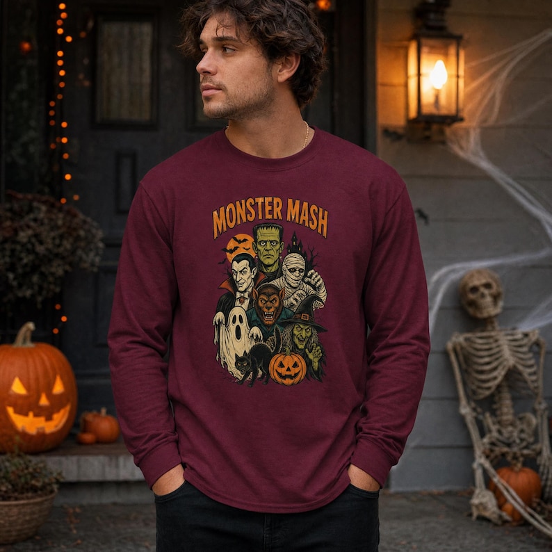 May include: A maroon long-sleeve crewneck sweatshirt featuring a graphic print of classic Halloween monsters including Frankenstein, a vampire, a mummy, a werewolf, a ghost, a witch, and a black cat with the text MONSTER MASH in orange.