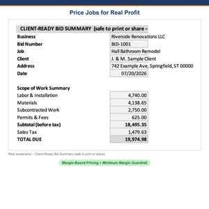 May include: A digital download Contractor Bid Calculator Excel template featuring a client-ready bid summary for a hall bathroom remodel. The document displays business details, job scope, labor, materials, subcontracted work, permits, and a total due of 19,974.98.