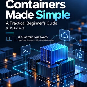May include: A book cover titled Containers Made Simple: A Practical Beginner's Guide (2026 Edition) by SPR Publishing. The cover features blue shipping containers, digital icons, and text stating 12 chapters and 430 pages on a dark background.