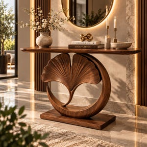 Op de afbeelding: Een console-tafel van donker hout met een voet in de vorm van een groot ginkgoblad, omsloten door een cirkelvormig frame. Op het tafelblad staan een gespikkelde keramische vaas met witte bloemen, een gouden knoopsculptuur en boeken van Kinfolk en Louis Vuitton.