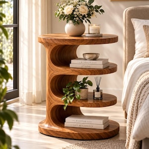 Handcrafted Walnut Wood S-Shaped Side Table, 3-Tier Sculptural Nightstand