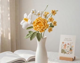 Crochet Peony Flower Bouquet, Crochet Plumeria, Knitted Flower, Teacher Appreciation, Birthday, Anniversary Gift for Wife, Mom, Her