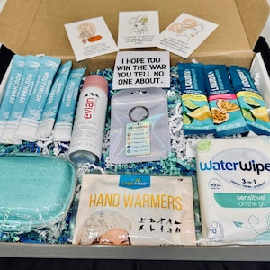 May include: A cardboard gift box filled with assorted items including mouthwash packets, an Evian facial spray, a grounding technique keychain, Liquid I.V. electrolyte drink mix sticks, WaterWipes, and hand warmers, all nestled in blue and white paper shred.