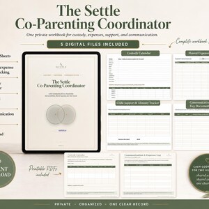Peut inclure: Le classeur numérique The Settle Co-Parenting Coordinator comprend cinq fichiers pour le suivi de la garde, des dépenses, du soutien et de la communication. Il inclut un calendrier de garde, un suivi des dépenses, un suivi de pension et un journal de communication en PDF, Excel et Google Sheets.