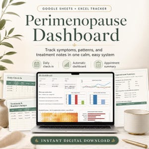 Panel de control de la perimenopausia / Rastreador digital de síntomas y sofocos / Hojas de cálculo de Google + Excel / Gráficos automáticos, mapa de calor, resumen de citas