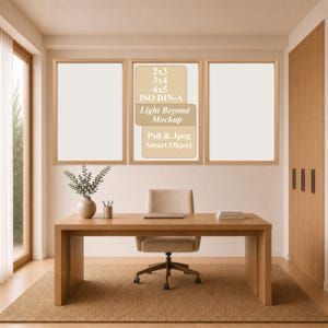 Set of 3 Wood Frame Mockup | Scandinavian Home Office | Smart Object PSD: Ratios Included (2x3, 3x4, 4x5, ISO DIN A) | Digital Download