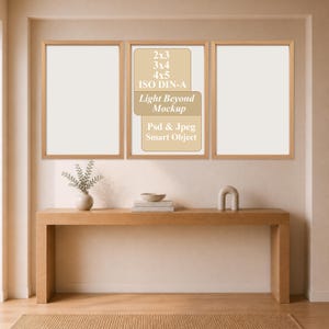 Set of 3 Frame Mockup | Japandi Entryway Above Console Table | Smart Object PSD: Ratios Included (2x3, 3x4, 4x5, ISO DIN A) Digital Download