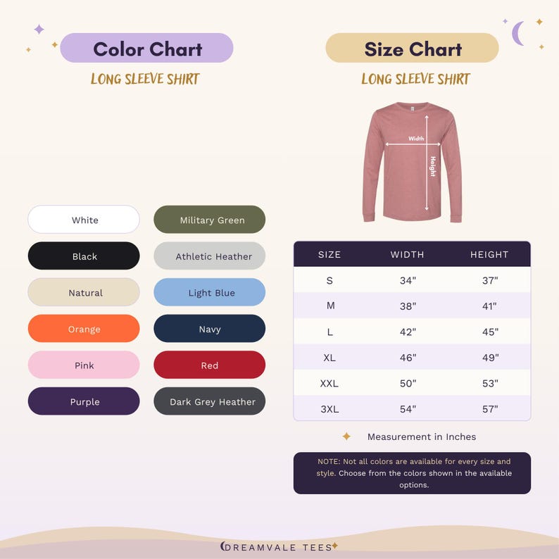 May include: A long sleeve shirt color and size chart featuring a mauve shirt graphic with width and height measurement lines. The chart lists colors including white, black, natural, orange, pink, purple, military green, athletic heather, light blue, navy, red, and dark grey heather, with a size table in inches.