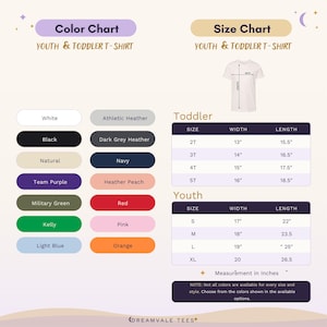 May include: A color and size chart for youth and toddler t-shirts by Dreamvale Tees. The image displays a list of available shirt colors including white, black, natural, purple, green, blue, grey, navy, peach, red, pink, and orange with size tables.