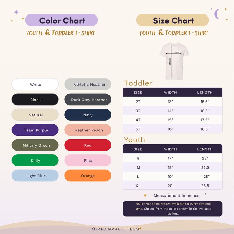 May include: A color and size chart for youth and toddler t-shirts by Dreamvale Tees. The image displays a list of available shirt colors including white, black, natural, purple, green, blue, grey, navy, peach, red, pink, and orange with size tables.