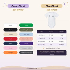 May include: A baby bodysuit color and size chart featuring a white bodysuit illustration with length and width lines. The chart lists colors including white, black, red, navy, pink, orange, kelly, military green, light blue, peach, purple, and grey.