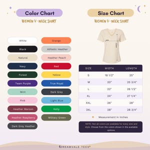May include: A V-neck shirt color and size chart featuring a list of twenty colors including white, black, navy, and forest. A diagram shows width and length measurements in inches for sizes S through 3XL, ranging from 18.5 to 28 inches wide.