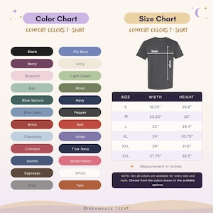 May include: A Comfort Colors t-shirt color and size chart featuring a list of color swatches including black, berry, blossom, bay, blue spruce, blue jean, brick, chambray, crimson, denim, espresso, grey, flo blue, ivory, light green, moss, navy, pepper, red, violet, true navy, watermelon, white, and yam. A size chart displays width and height measurements in inches for sizes S through 3XL.