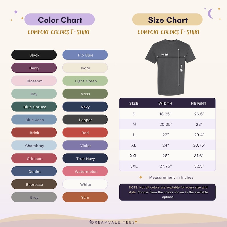 May include: A Comfort Colors t-shirt color and size chart featuring a list of color swatches including black, berry, blossom, bay, blue spruce, blue jean, brick, chambray, crimson, denim, espresso, grey, flo blue, ivory, light green, moss, navy, pepper, red, violet, true navy, watermelon, white, and yam. A size chart displays width and height measurements in inches for sizes S through 3XL.
