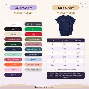 May include: A color and size chart for a unisex t-shirt. The color chart lists options including white, black, navy, and various heather shades. The size chart displays a navy t-shirt with width and height arrows and a table with measurements in inches.