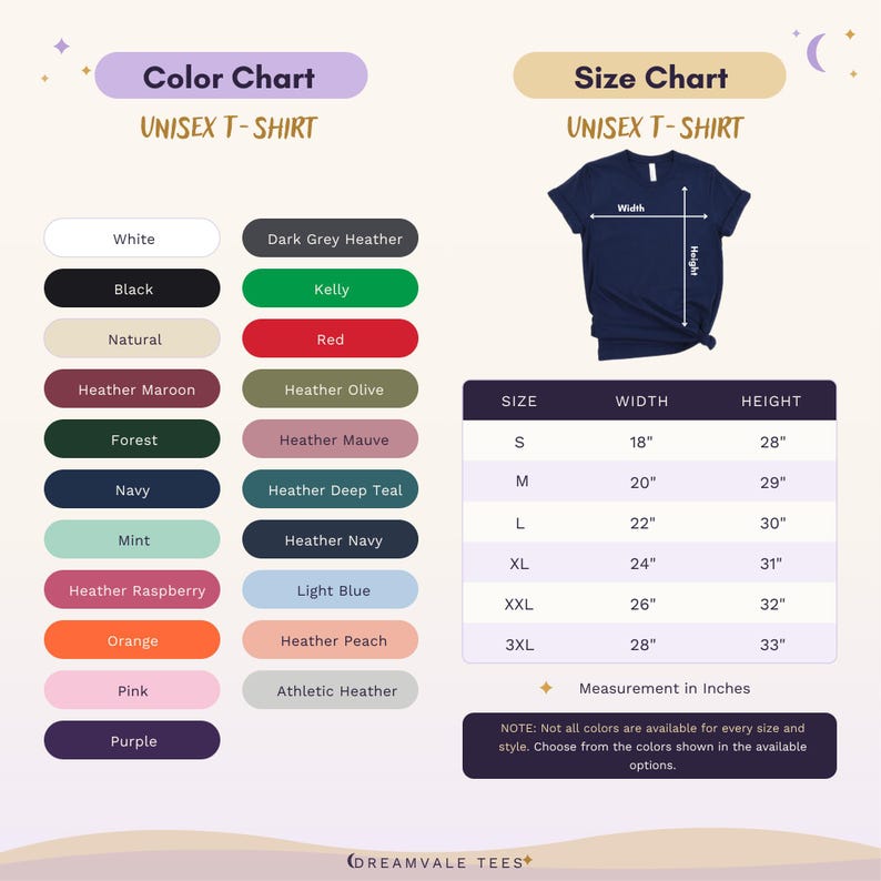 May include: A color and size chart for a unisex t-shirt. The color chart lists options including white, black, navy, and various heather shades. The size chart displays a navy t-shirt with width and height arrows and a table with measurements in inches.