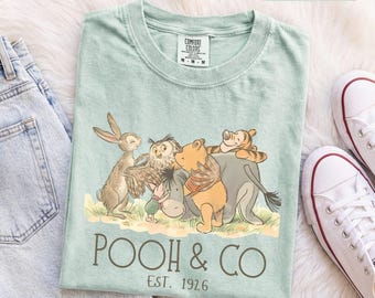 Könnte beinhalten: Ein hellgrünes T-Shirt mit Rundhalsausschnitt und einem Aufdruck von Winnie Puuh, Ferkel, I-Aah, Tigger, Rabbit und Eule. Unter den Figuren steht der Text "POOH & CO" und "EST. 1926". Das T-Shirt hat ein Etikett mit der Größe M am Halsausschnitt.