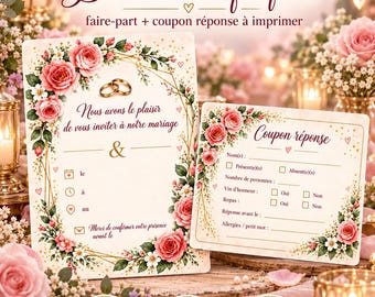 Peut inclure: Un ensemble de faire-part de mariage et coupon-réponse orné de roses roses, de cadres géométriques dorés et de deux alliances. Le texte comprend "Faire-part de mariage", "Duo romantique floral", "Nous avons le plaisir de vous inviter à notre mariage" et "Coupon réponse" avec des champs pour les noms, la présence et les repas.