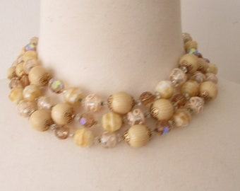 Vintage Vendome Necklace, Short Choker Cream, Faceted Glass Beads  1950s