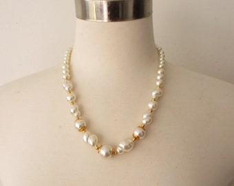 Gold and Pearl Necklace, 20 inches, Faux Baroque Pearls, Summer Bride  Fashion Jewelry 1990s