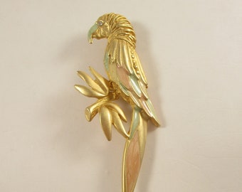 Vintage Parrot Brooch, Large Gold Bird  Pin, Figural Fashion Jewelry