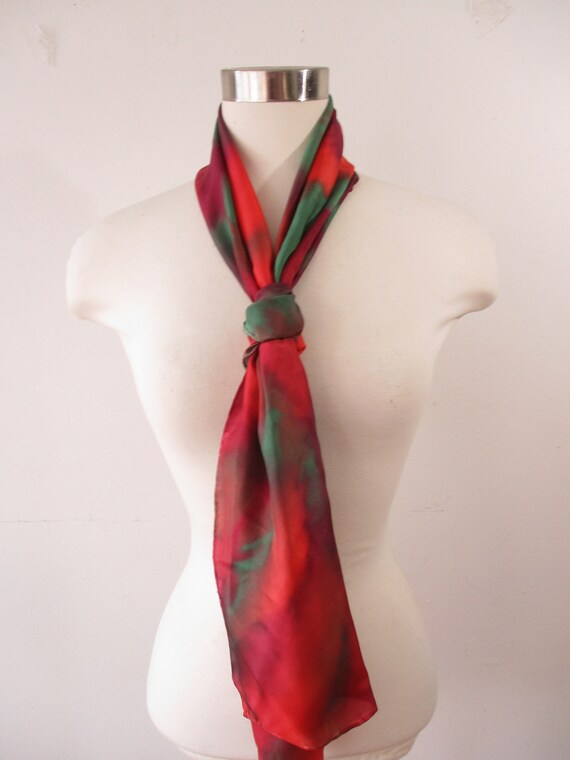Long Red Green Silk Scarf, Bright Fashion,  Fall … - image 4