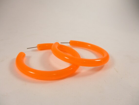 Vintage Large Acrylic Hoop Earrings Neon Orange Pierced Statement