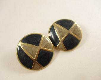 Vintage Navy Taupe Round Earrings, Clip On Fashion Jewelry 1980s