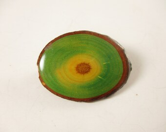 Vintage Wood Slice Brooch,  Green Oval,  Natural Fashion Jewellery 1970s