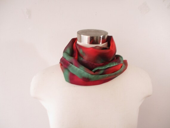 Long Red Green Silk Scarf, Bright Fashion,  Fall … - image 2