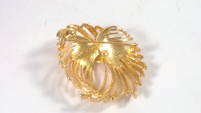 Large Gold Brooch Pin Vintage Round Feathered Jewelry Brooch 1980s
