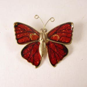 Vintage Butterfly Brooch, Red Gold Enamel Jewelry Pin, Fall Autumn 1970s