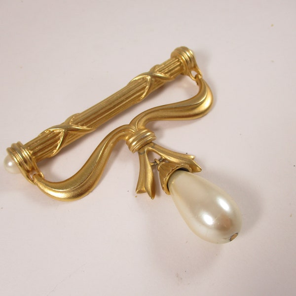 Vintage Pearl Drop Bar Brooch, Gold Tone Dangle Pin - Retro Fashion Jewelry 1990s